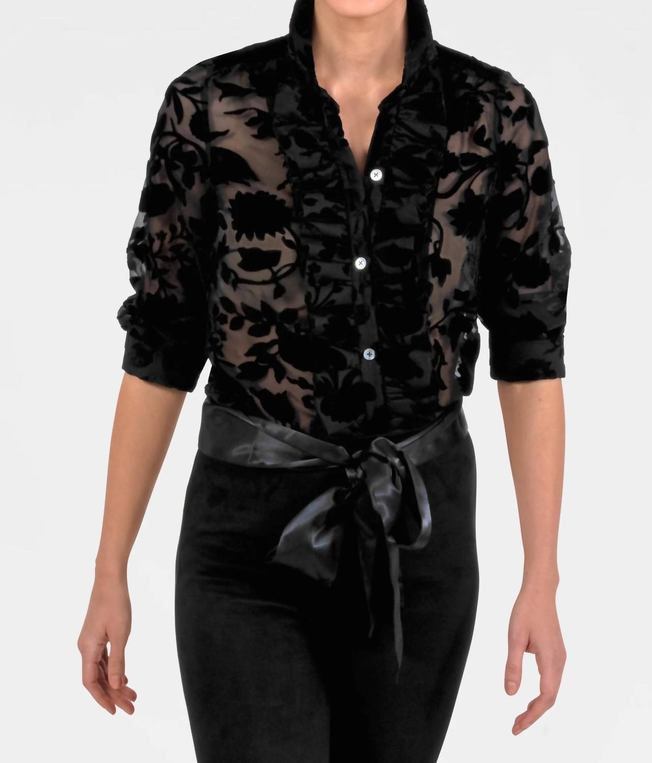 GRETCHEN SCOTT Ruffle Rumble Blouse in floral burnout - women's blouse