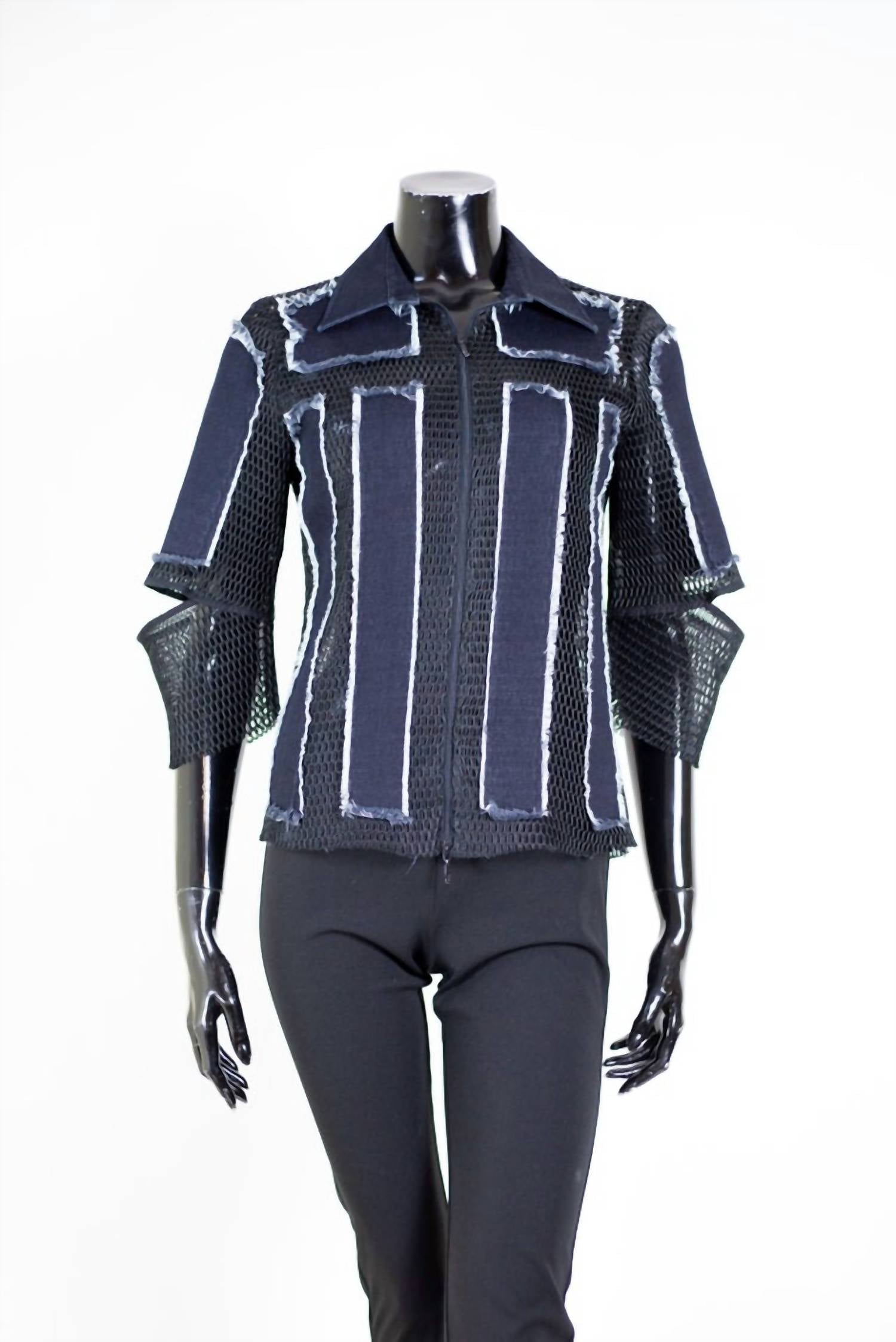 Samuel Dong Women's Fishnet Crop Jacket in blue denim - women's jacket