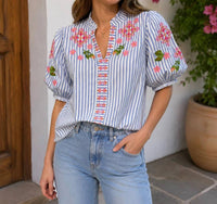 Thml - Puff Sleeve Striped Embroidery Detail V-neck Top