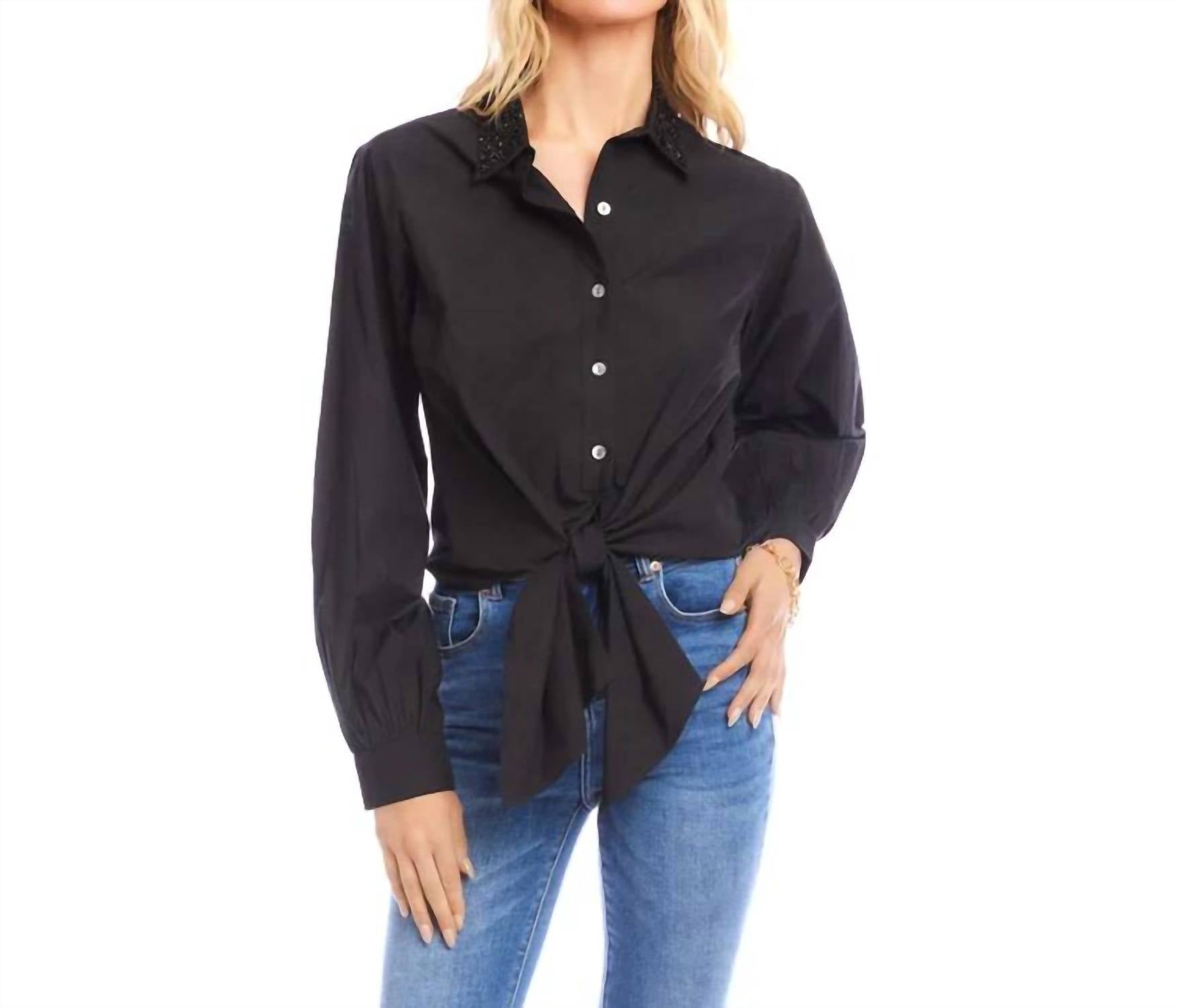 Karen Kane - Leslie Long Sleeve Embellished Collar Tie-front Top