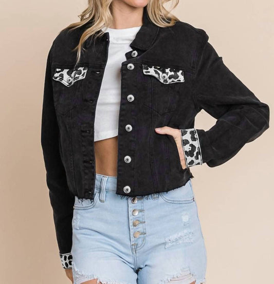 Pretty Bash - Denim Paneled Leopard Print Ripped Jacket