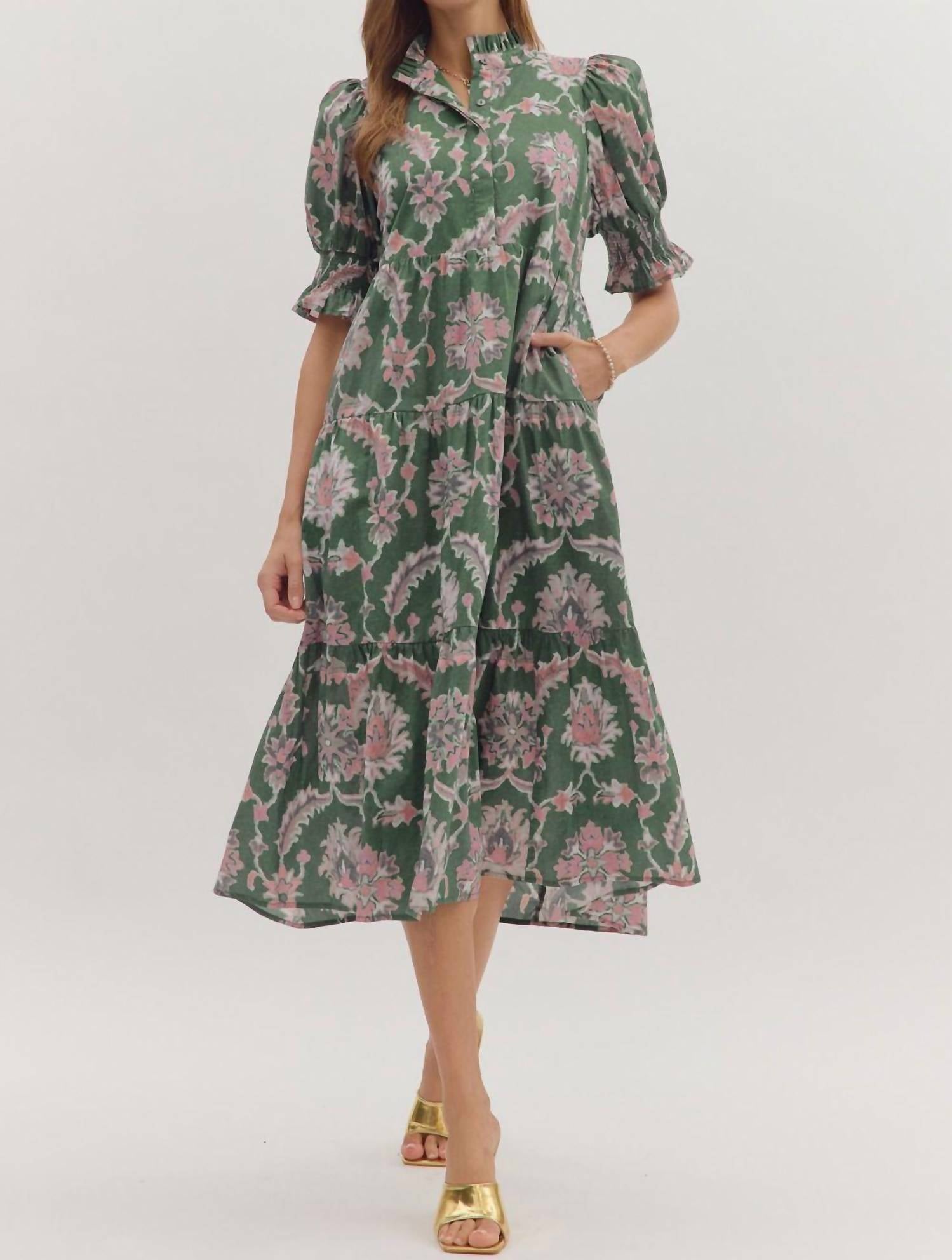 Entro - Floral Puff Sleeve Midi Dress
