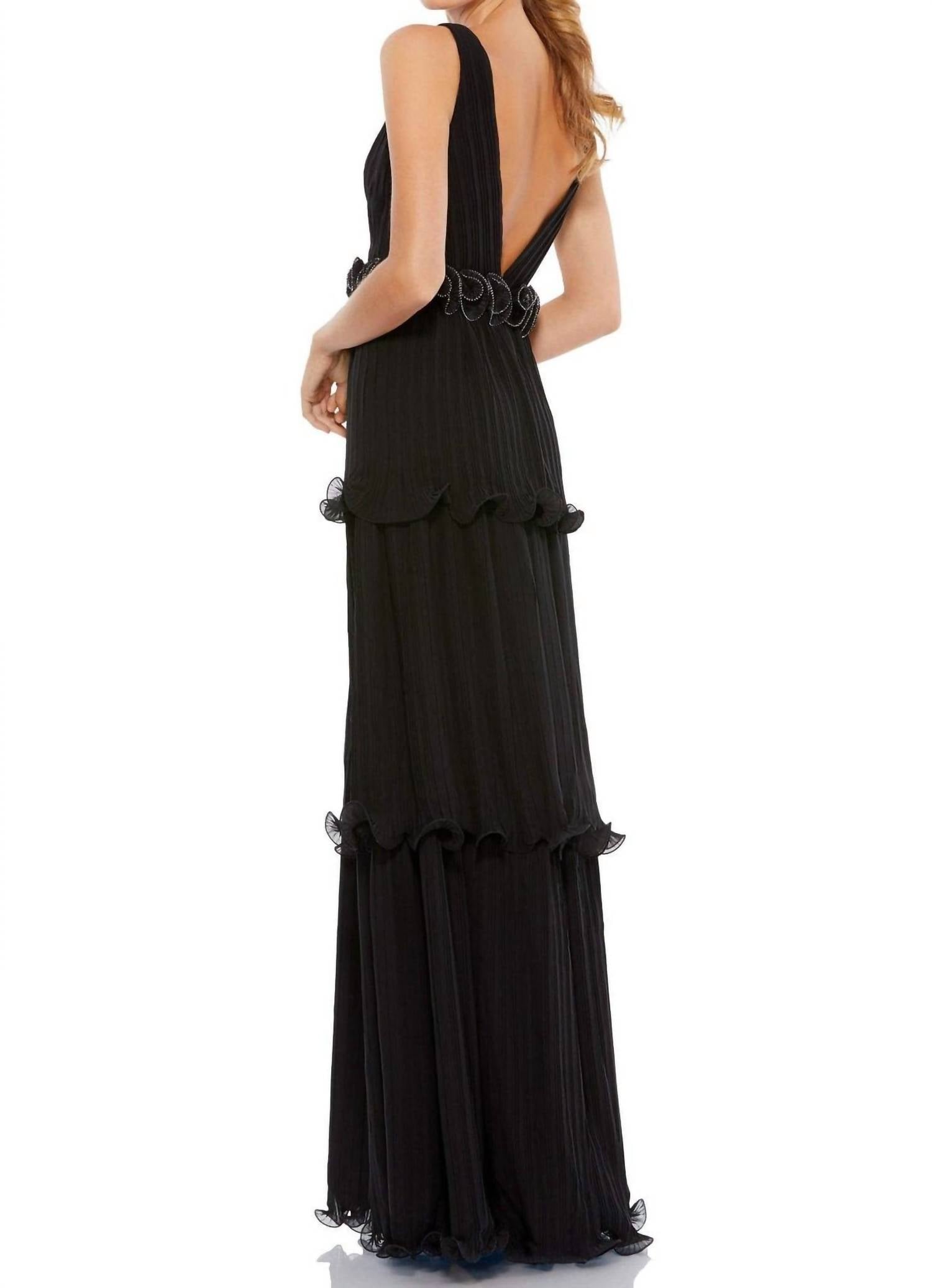 Ieena For Mac Duggal - Women's Plunge Neck Rosette Detail Pleated Gown