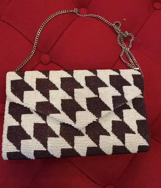 Beaded Handbag Aubergine Houndstooth