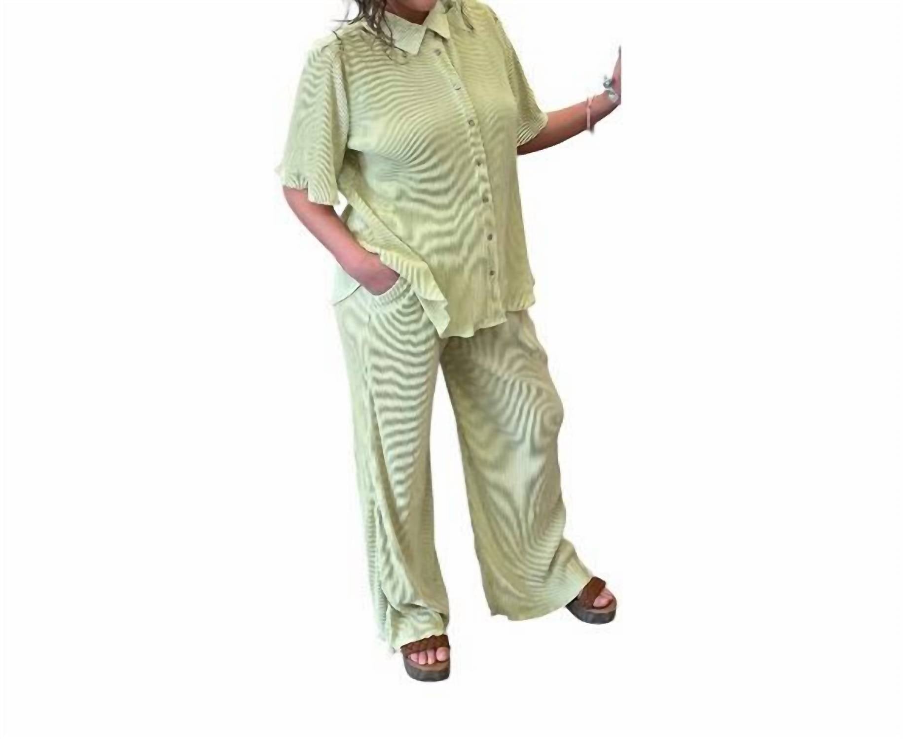 She + Sky - Plisse Button Down Top With Pants
