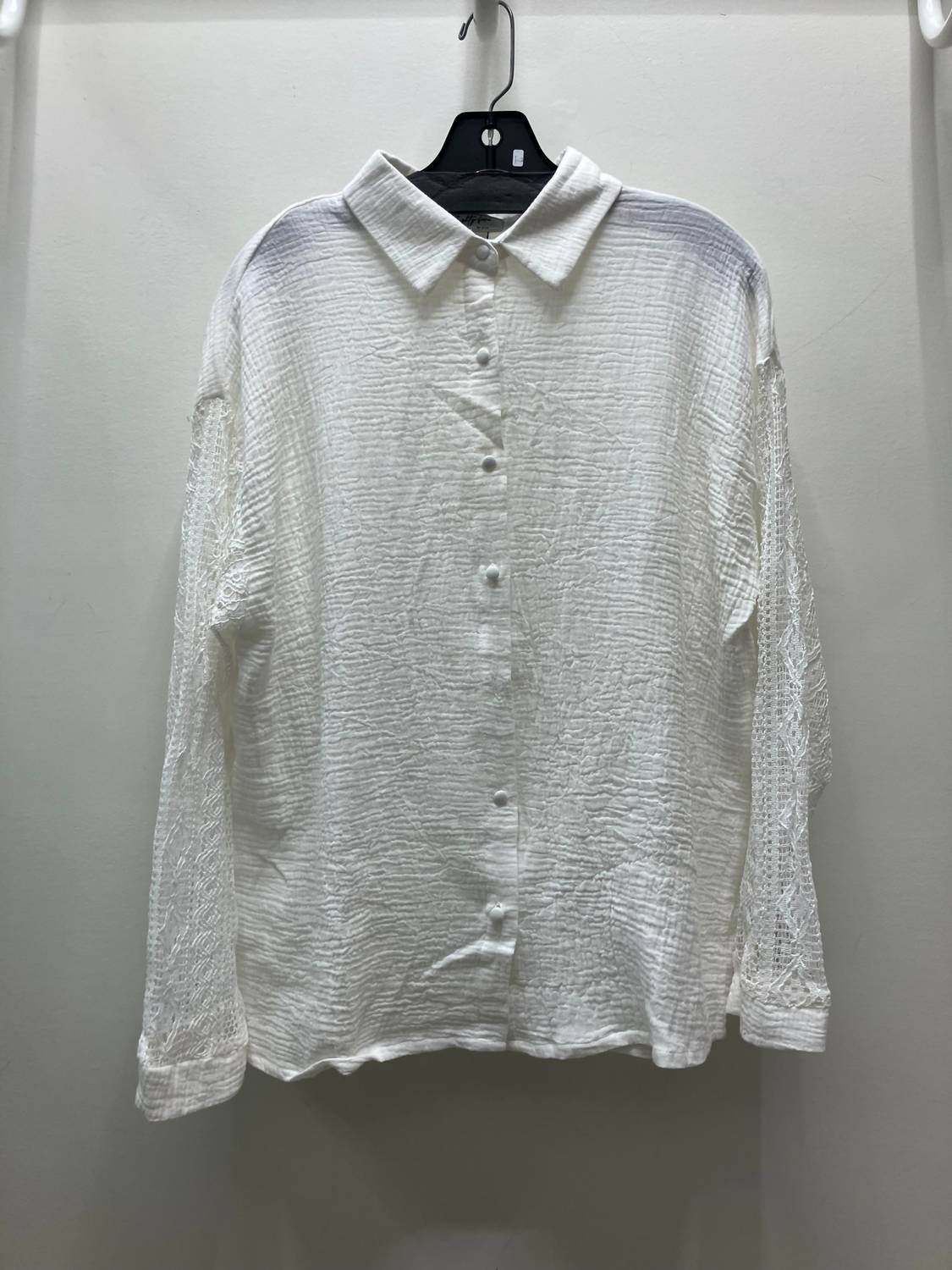 Pine Apparel - Gauze Button Front Crochet Sleeve Top