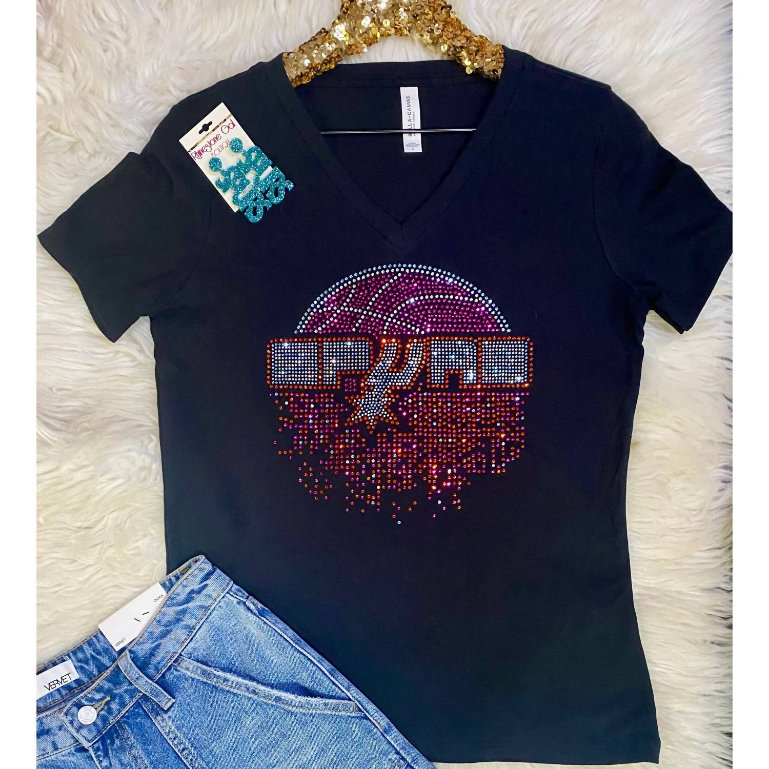Crystallized by Sparkle Women's Spurs Basketball V-neck Tee Top in black - women's t-shirt