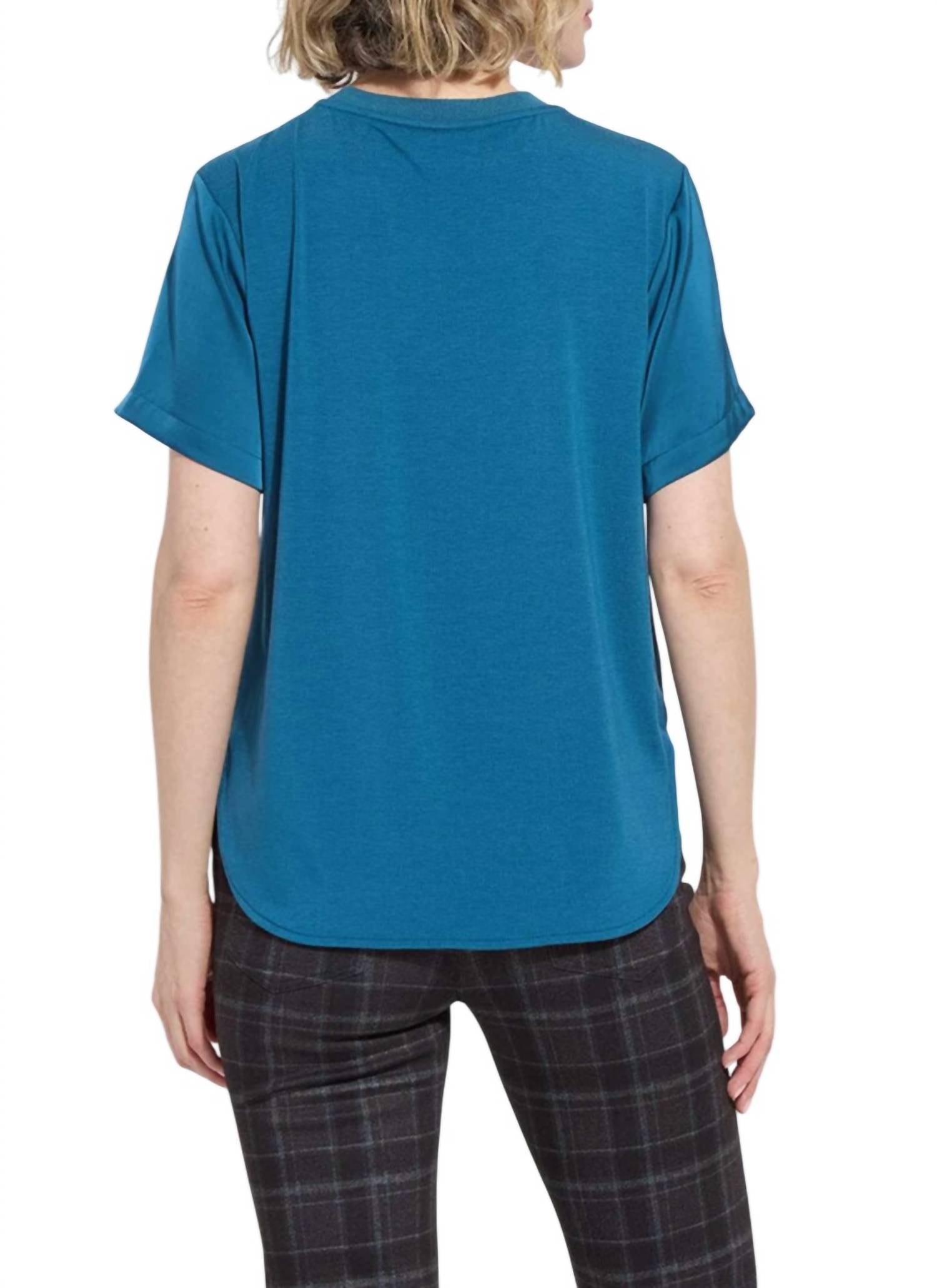 Lysse Aline Crew Neck Mix Media Top in irish blue - women's blouse - detail view