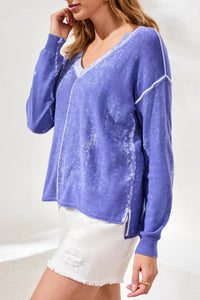 TRIBAL Lightweight Cotton V-neck Sweater in baja blue - women's sweater - alternate view