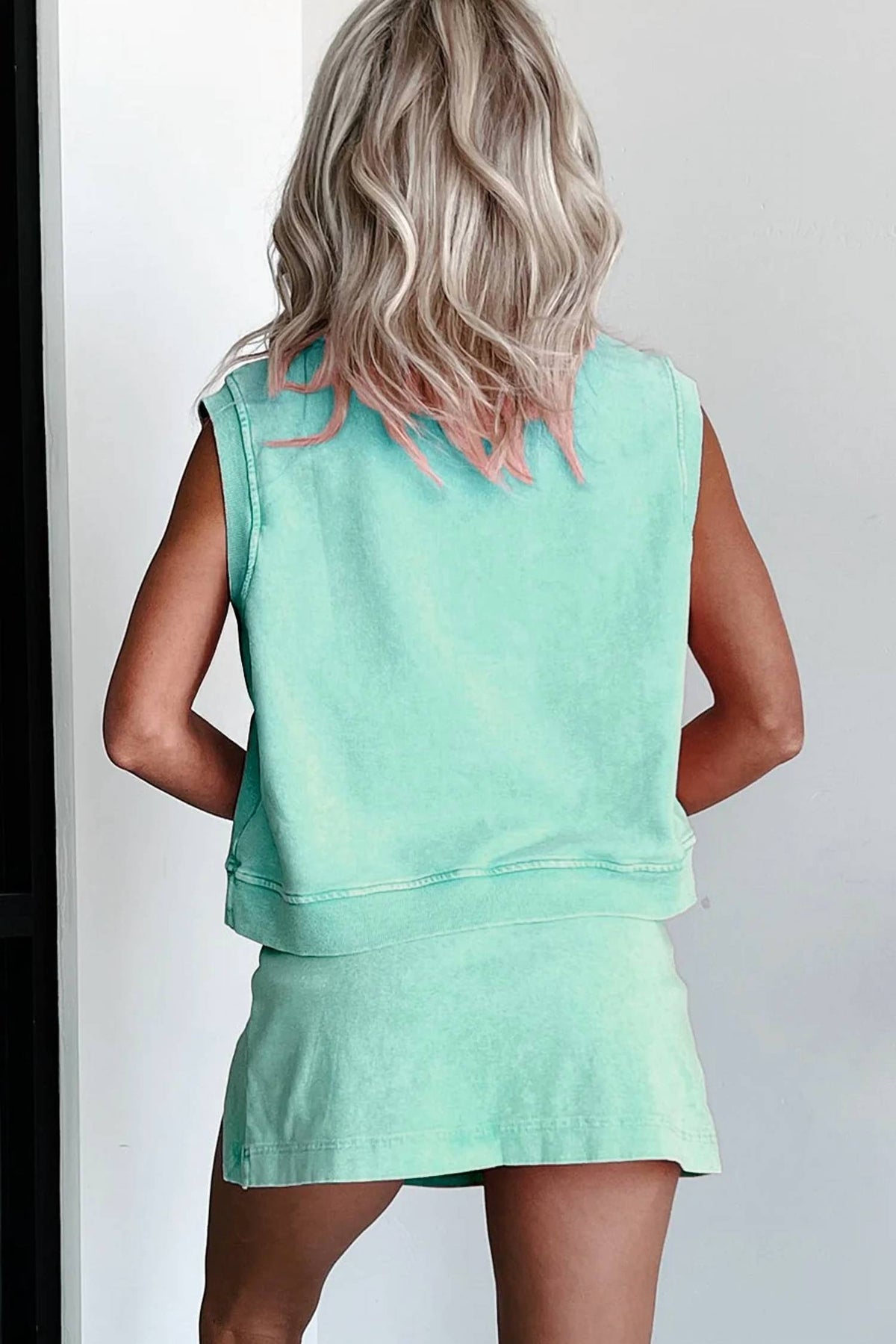 Shewin - Mineral Wash Cotton Tank Top Lined Split Skirt Set