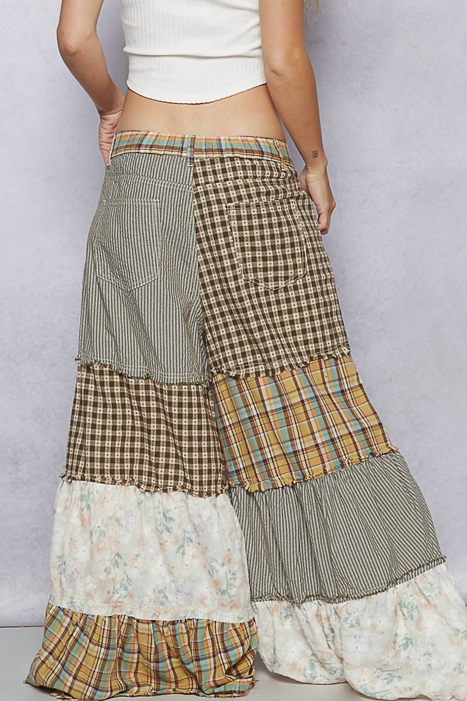 POL Printed Patchwork Textured Palazzo Bottom in olive green - women's pants - view 6