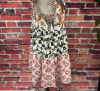 Isle Sunset Patchwork Ruffle Dress in multi - women's dress - detail view