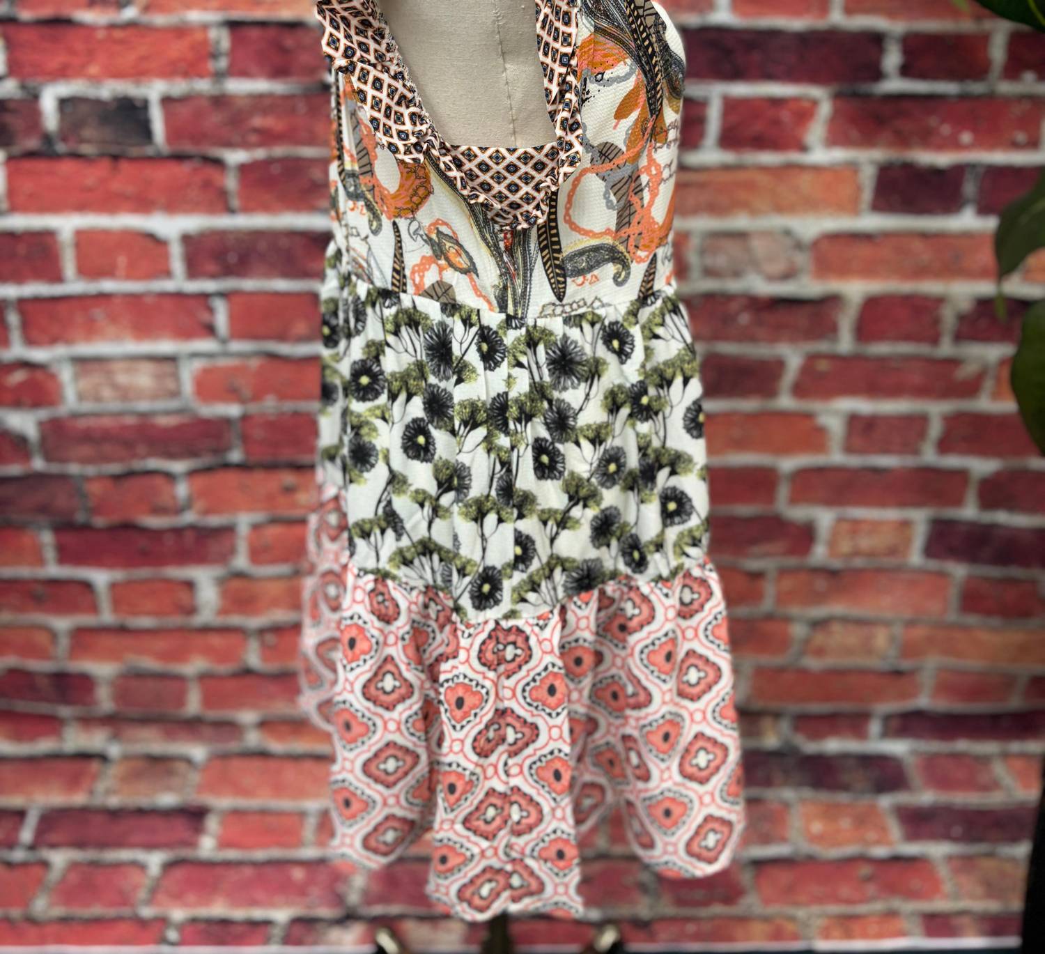 Isle Sunset Patchwork Ruffle Dress in multi - women's dress - detail view