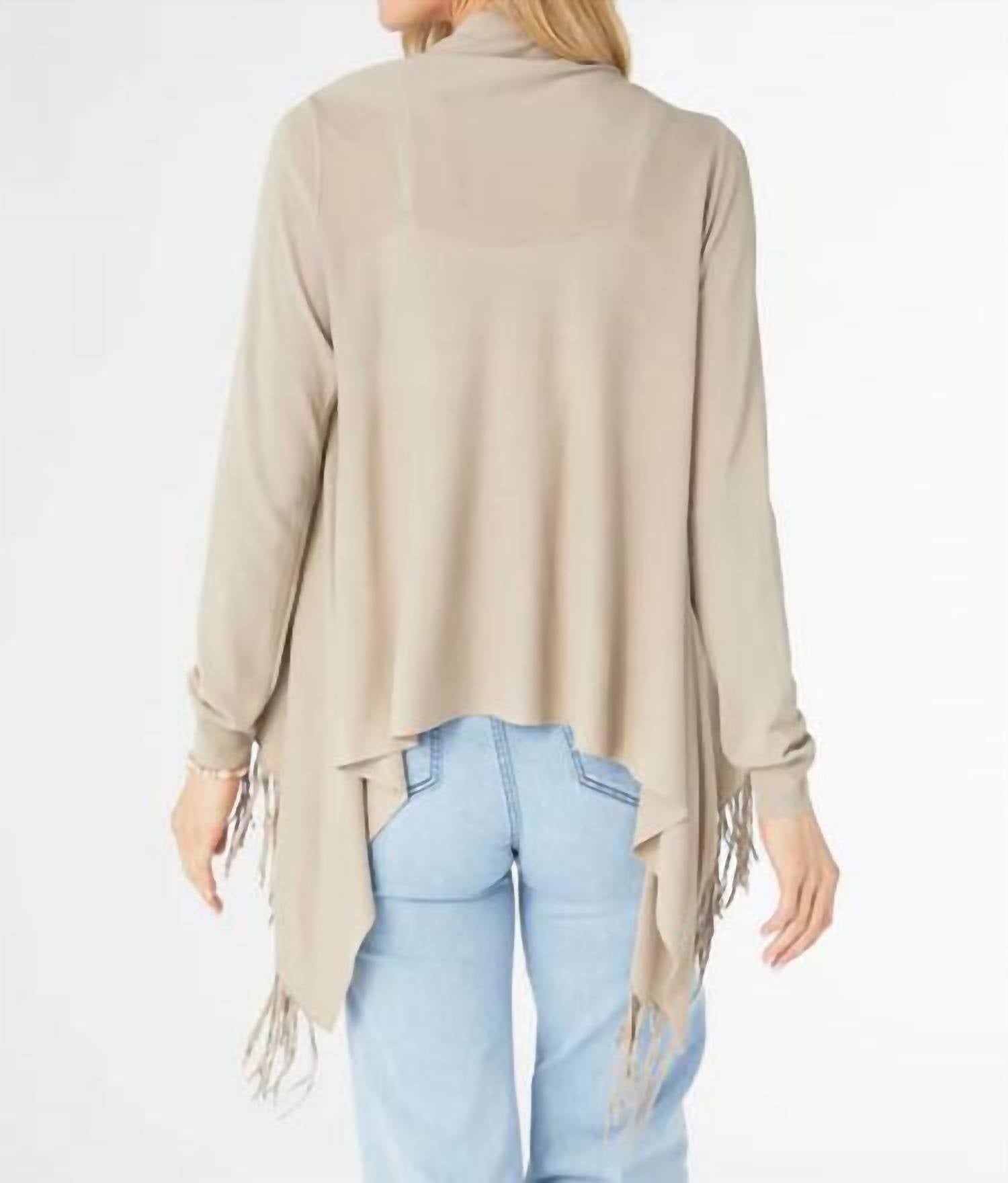 COCO + CARMEN Airweave Open Cardigan With Fringe in khaki - women's cardigan - detail view