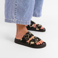 Free People - Women's Leo Studded Leather Cow Print Banded Flat Slide Sandals