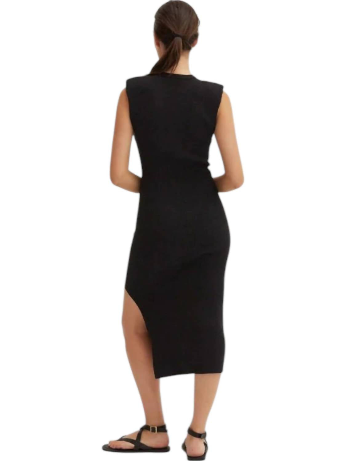 Crescent - Power Shoulder Ribbed Knit Maxi Dress