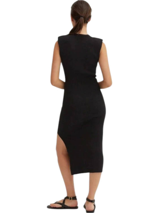 Crescent - Power Shoulder Ribbed Knit Maxi Dress