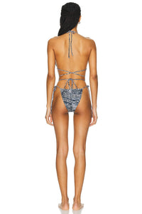 NORMA KAMALI Criss Cross Bikini Bra And Bottom Set in black navy denim print - women's swimwear - detail view