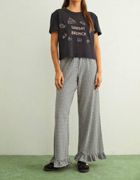 MIOU MUSE Crinkled Gingham Printed Pants With Ruffle Hem in black - women's pants - view 4