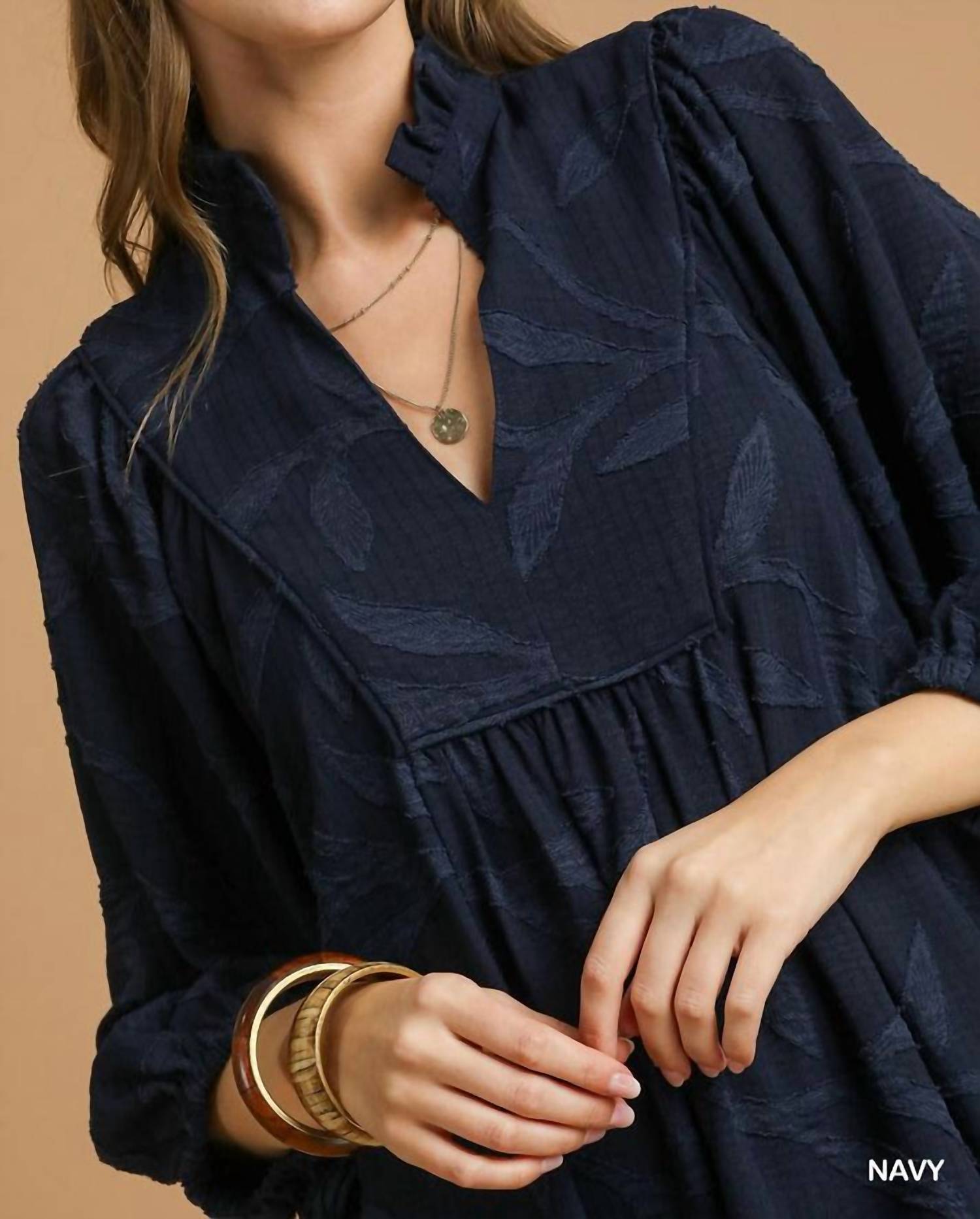 Umgee - Jacquard High Ruffle Neck Dress