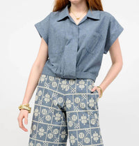 Ivy Jane Wrap Waist Short Sleeve Top in indigo - women's blouse