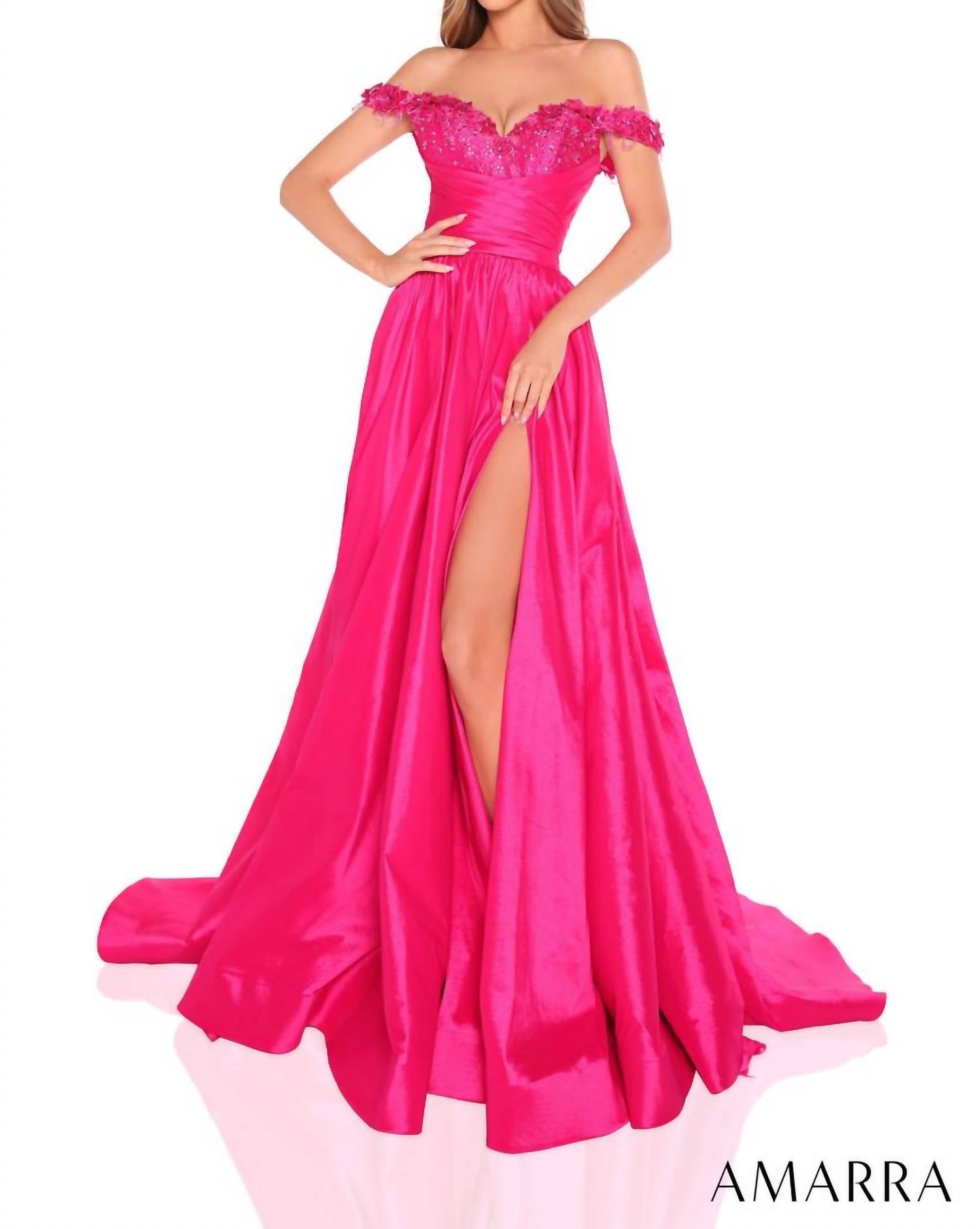 AMARRA Floral Neckline Pleated Waist High Slit Dress in fuchsia - women's dress