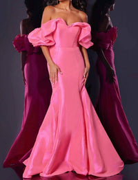 Jovani - Off The Shoulder Ruffled Sleeves Mermaid Gown