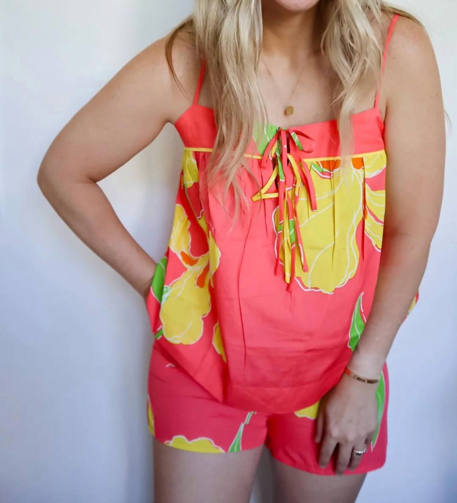 Olivaceous - Laci Floral Cami & Drawstring Shorts Two-piece Set