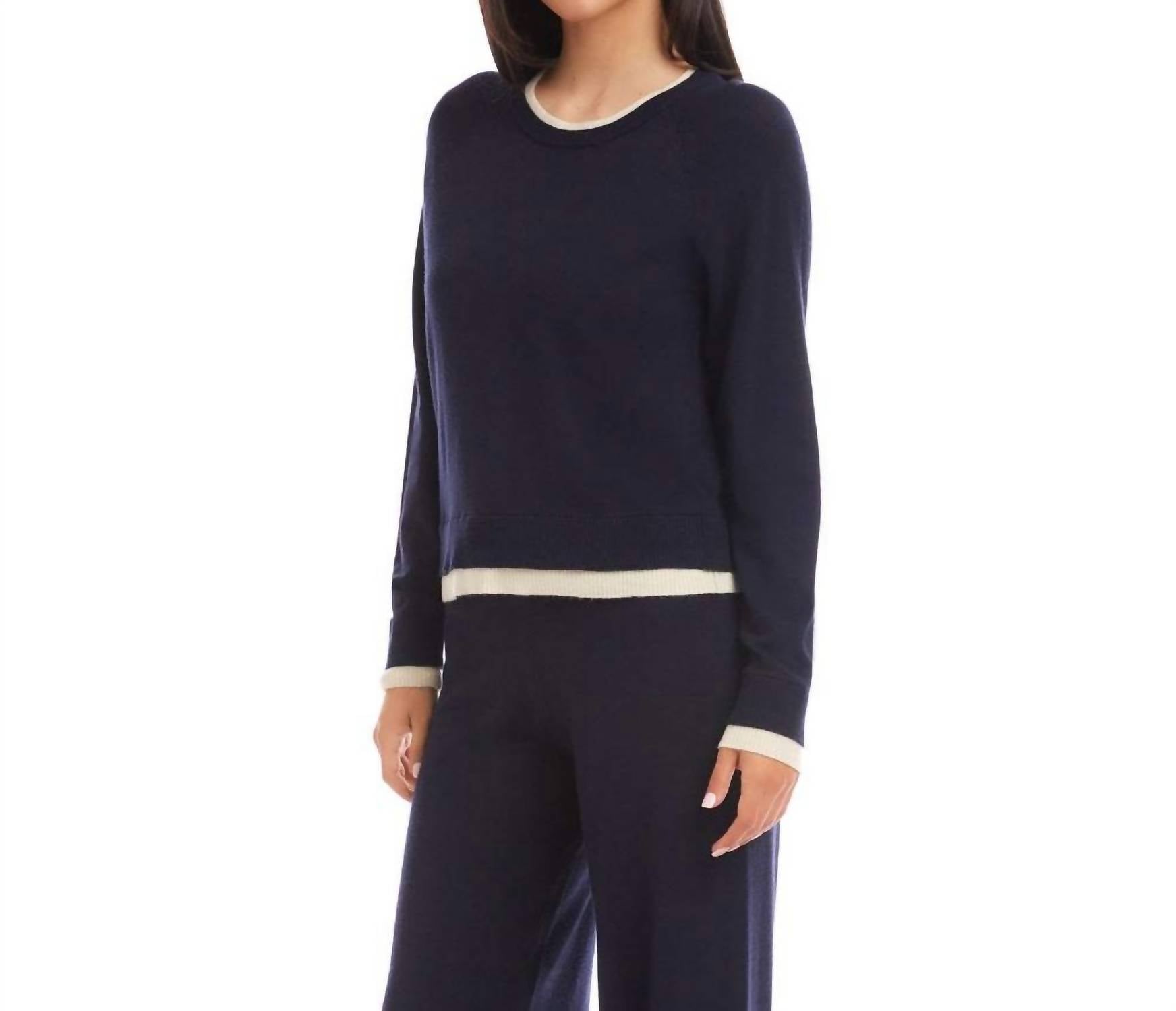 Karen Kane Contrast Crewneck Sweater in navy with cream - women's sweater - alternate view