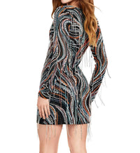 ASHLEYlauren Long Sleeve Beaded Fringe Cocktail Dress in black multi - women's dress - detail view