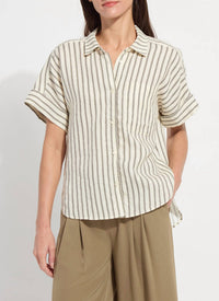 Lysse Adley Linen Boxy Shirt in olive stripe - women's t-shirt