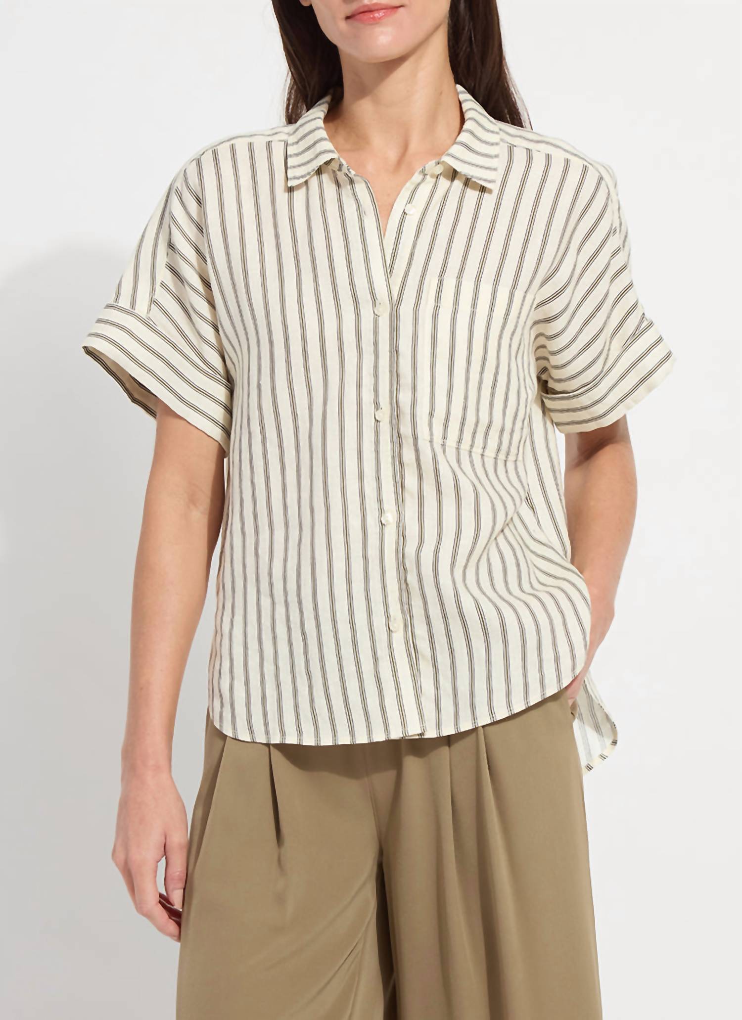 Lysse Adley Linen Boxy Shirt in olive stripe - women's t-shirt
