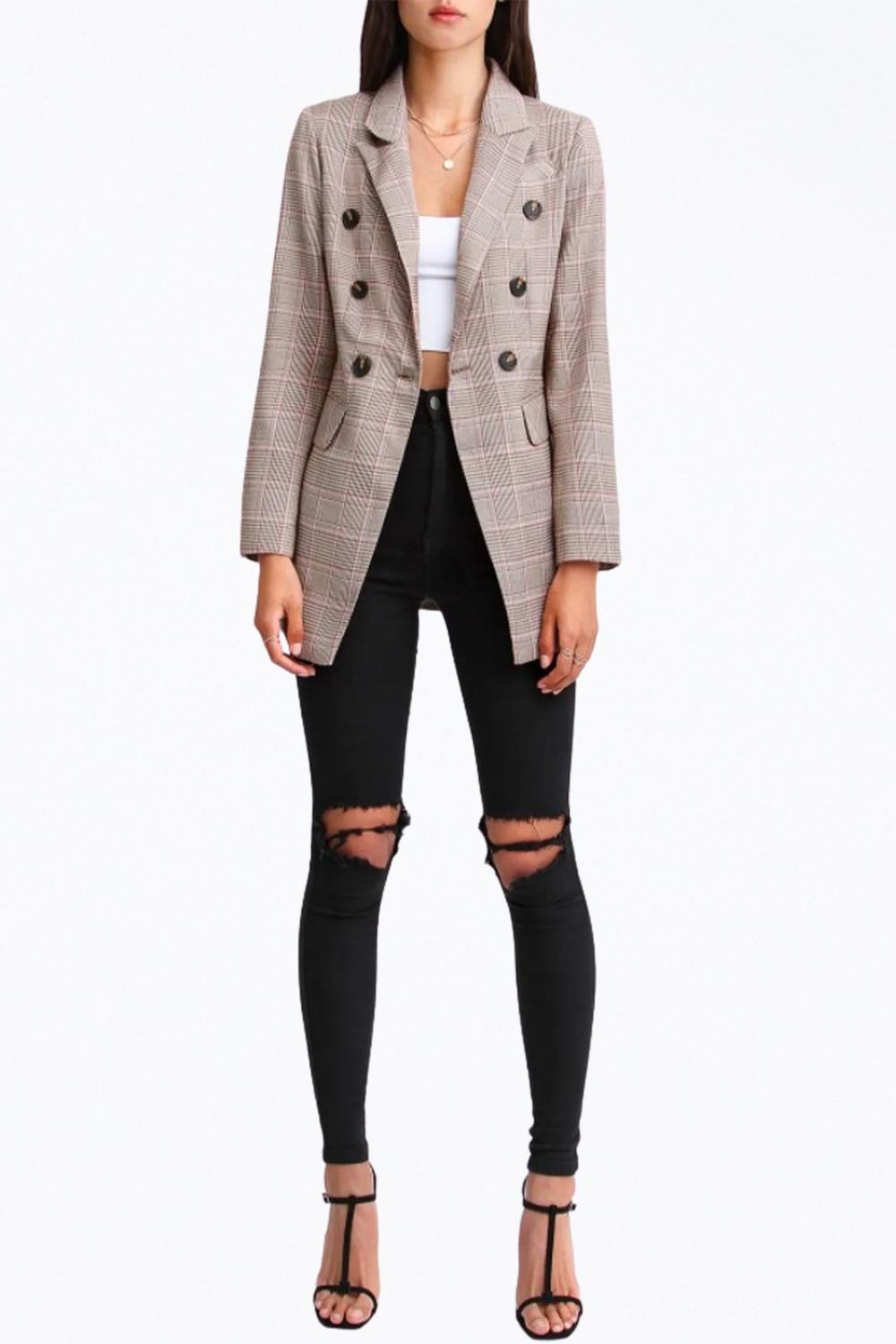DOUBLE-BREASTED PRINCE OF WALES CHECKED WOVEN BLAZER