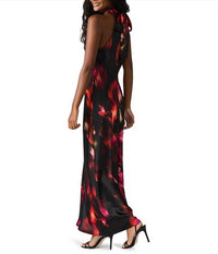 STEVE MADDEN Lara Satin High Neck Sleeveless Maxi Dress in blurry floral - women's dress - detail view