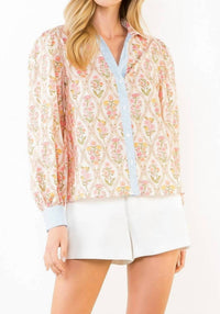 THML Women's Long Sleeve Floral Contrast Trim Top in pastel multi - women's blouse