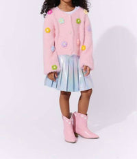 Lola + The Boys Girls' 3d Daisy Cardigan in rainbow - kids' sweater - detail view