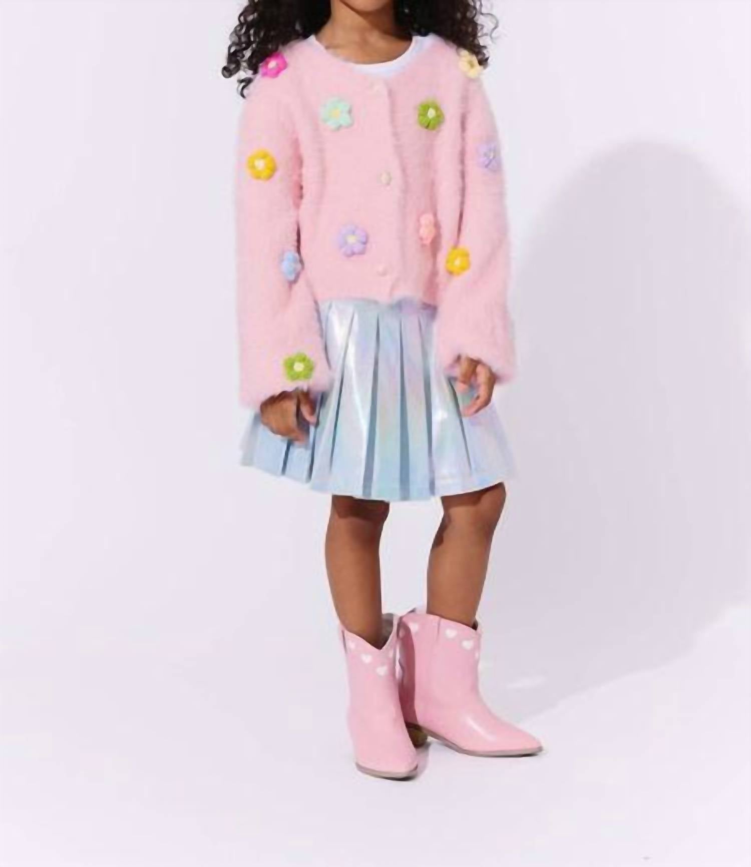 Lola + The Boys Girls' 3d Daisy Cardigan in rainbow - kids' sweater - detail view
