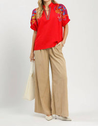 Umgee - V-neck Emboidered Puff Sleeve Top