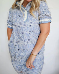 Jodifl - Women's Corinne Serene Eyelet Lace Ruffle Shift Dress