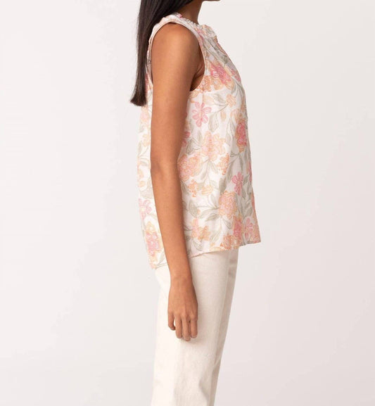 Lovestitch - Sheer Floral Button Front Ruffle Neck Tank Top