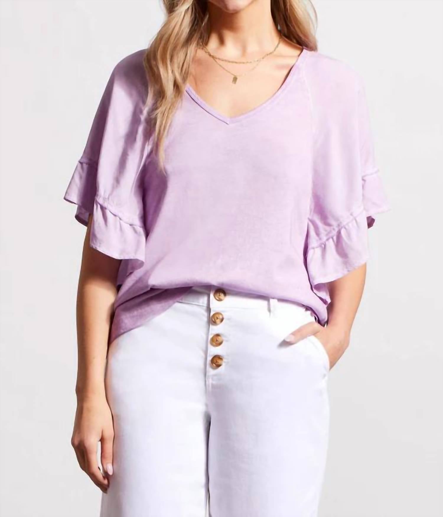 Tribal - Raglan Pop Over V Neck Double Frill Short Sleeve Top