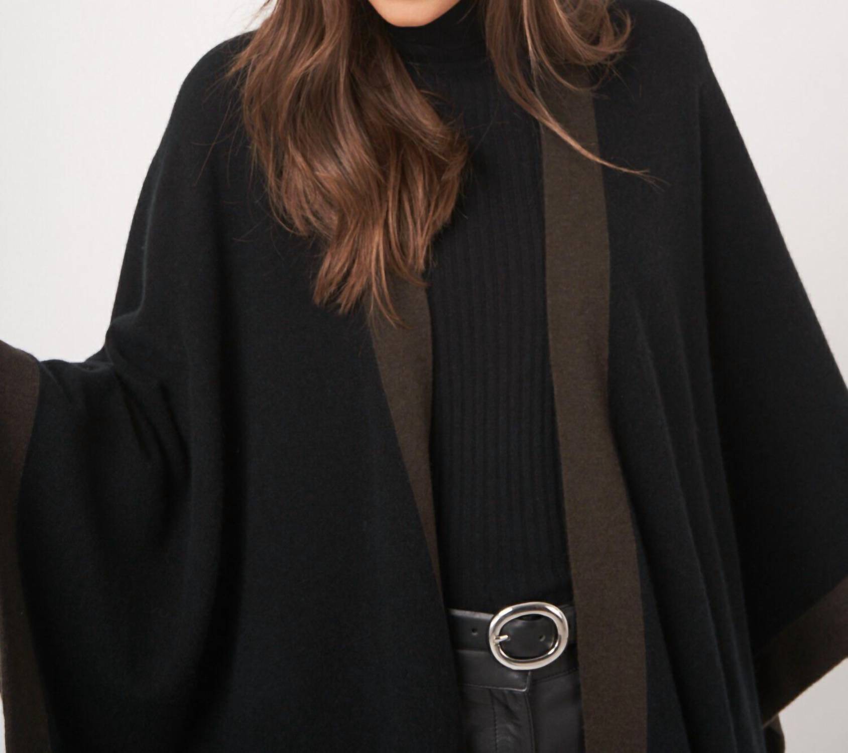 REPEAT cashmere Cashmere Blend Poncho With Contrast Border in black brown - women's sweater - view 4