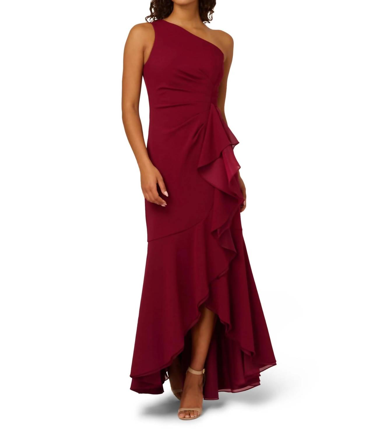 Adrianna Papell - Crepe One Shoulder Ruffle Gown