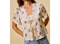 So Me - Rose Satin Tie Front Floral Blouse
