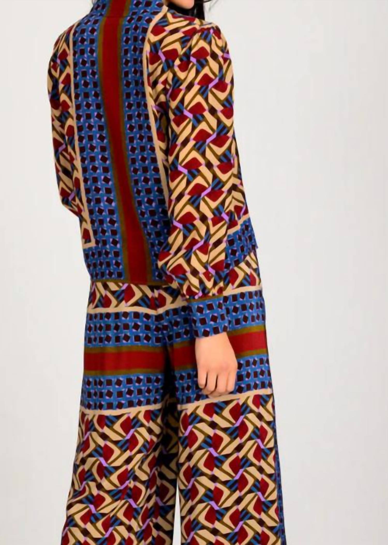 LAVENDER BROWN Paola Top in burgundy blue combo - women's blouse - detail view