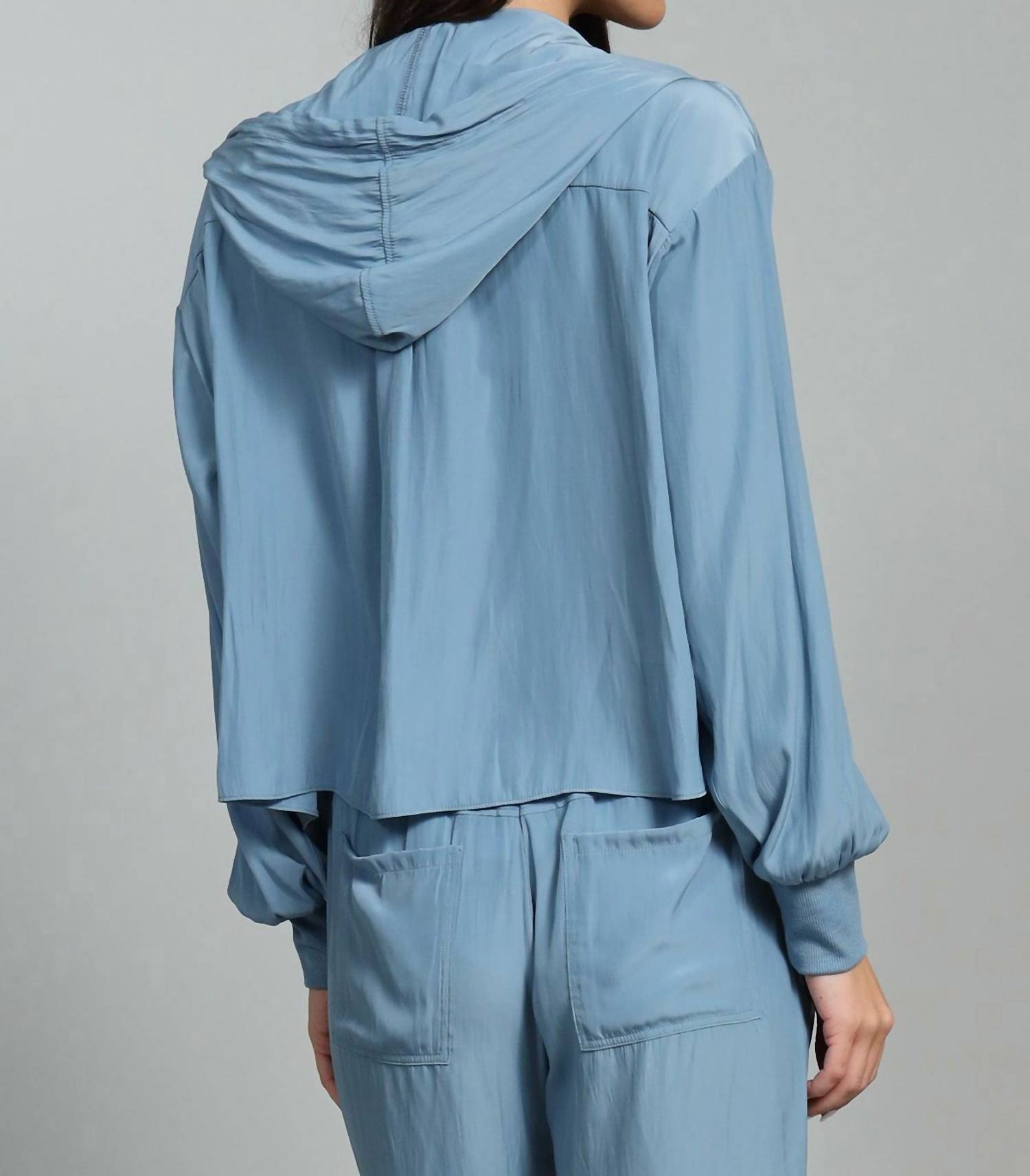 Lola & Sophie D-satin Cropped Hoodie in blue shadow - women's top - detail view