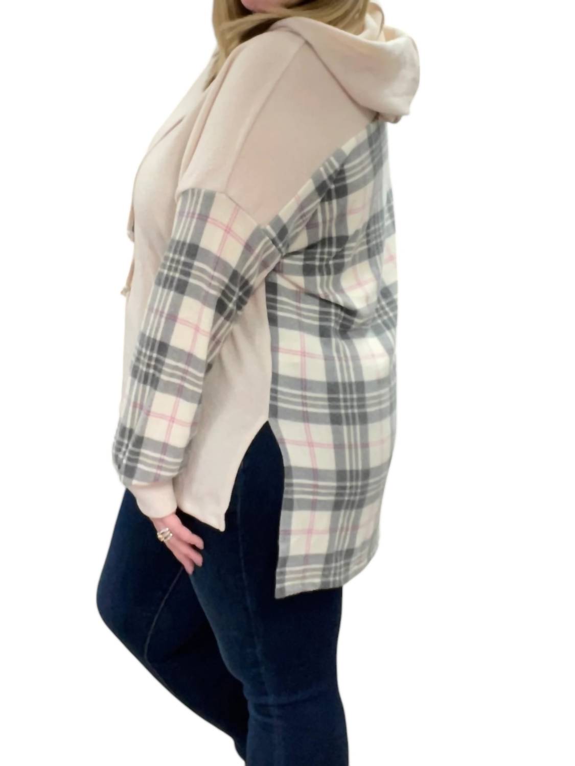 White Birch - Plaid Details Hoodie Sweater