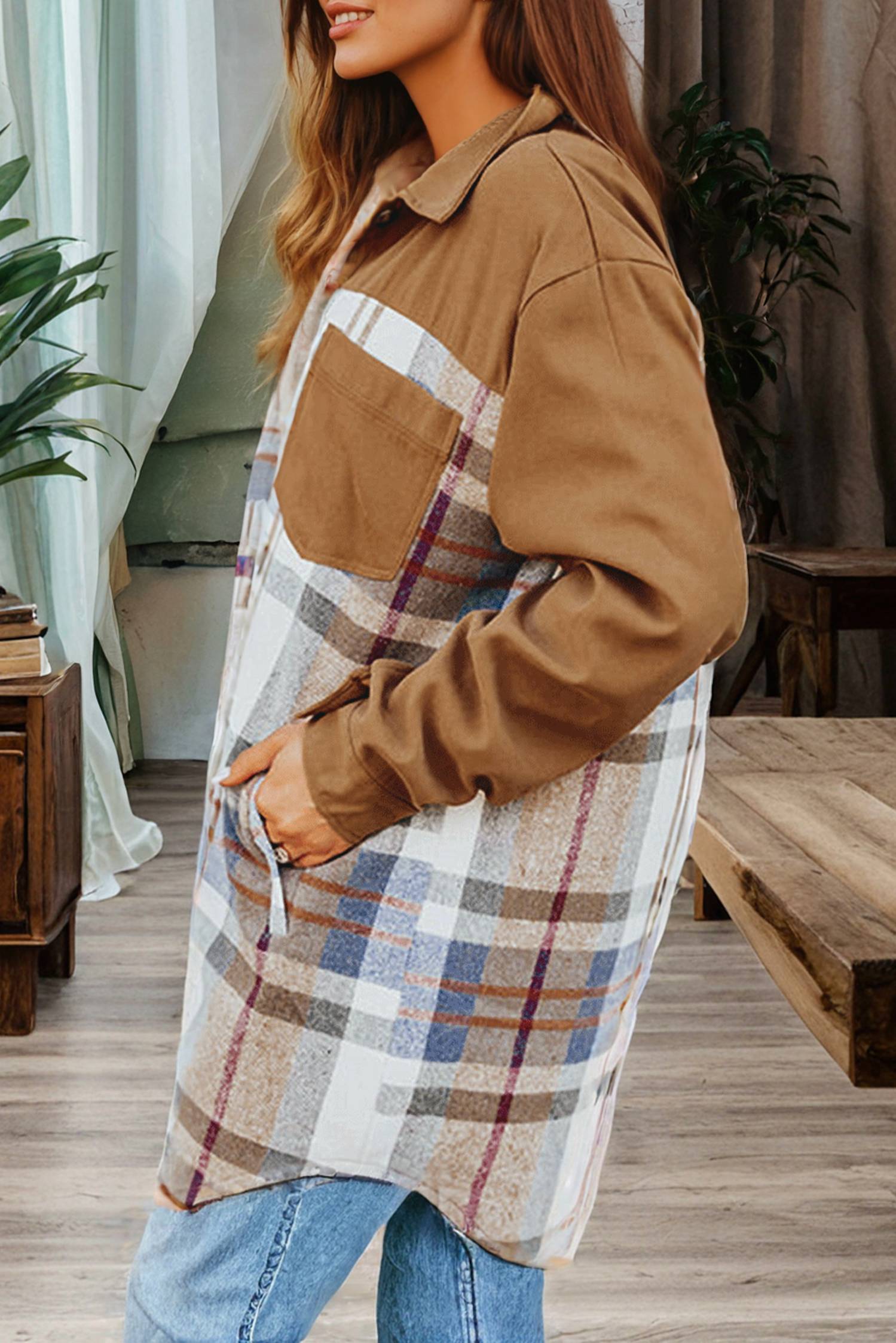 1 The Woman - Plaid Patch Work Long Sleeve Shirt Mini Fall Dress