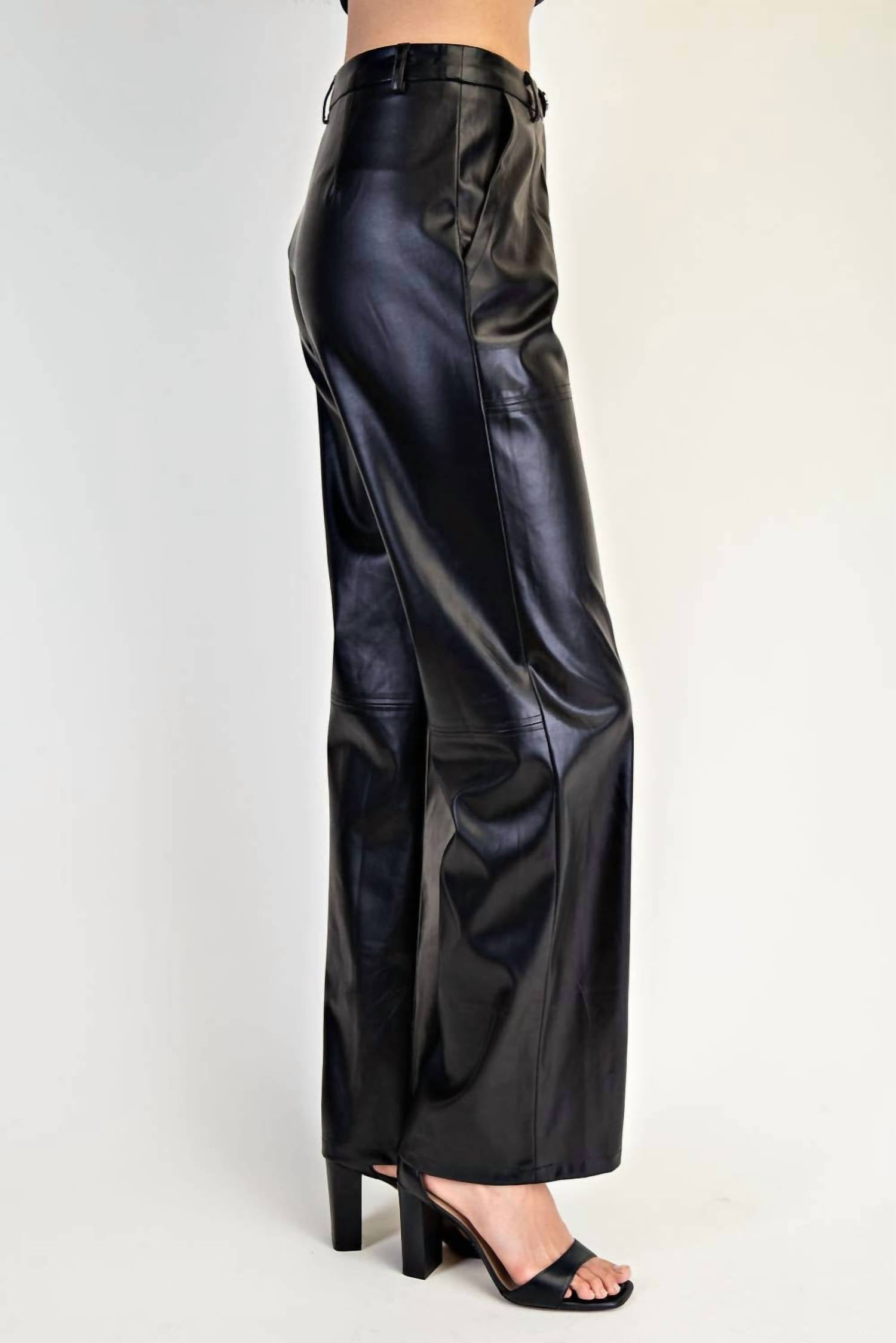 Edit By Nine - Front Snap Button Stretch Faux Leather Pants
