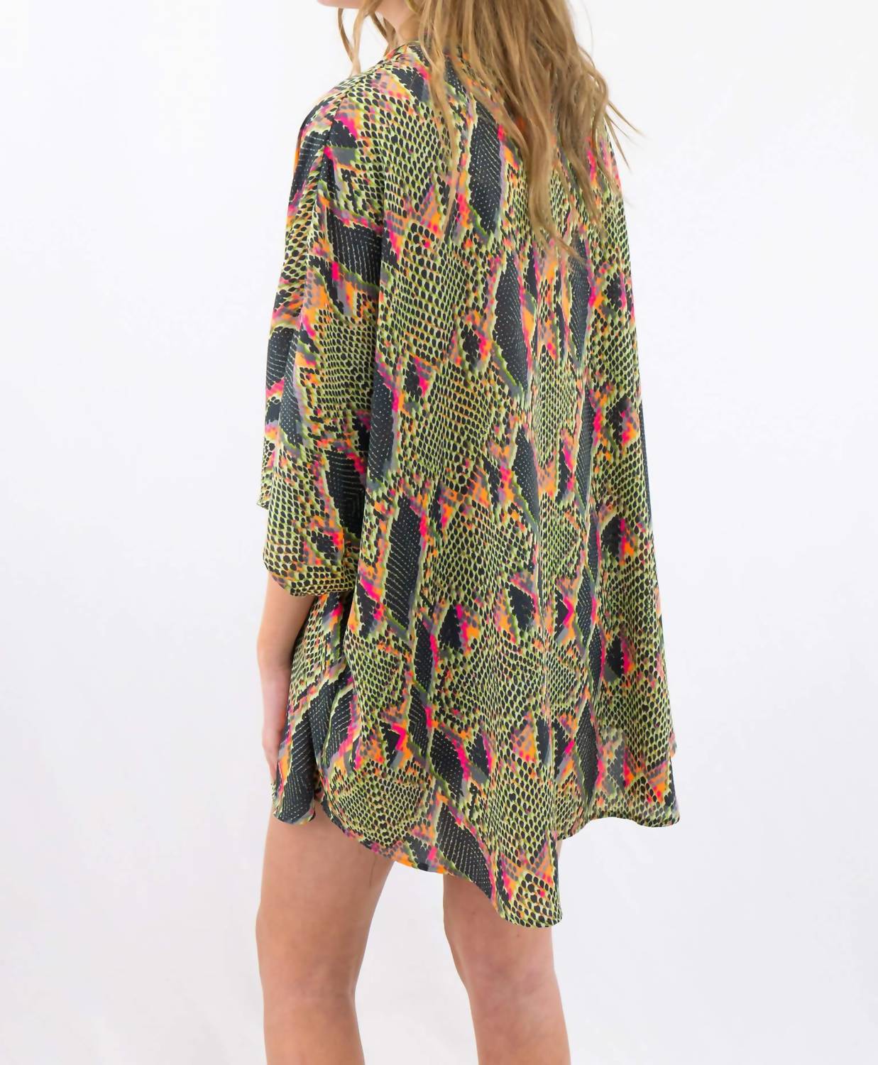 ADRIENNE Snake Print Neon Kimono in green - women's cardigan - detail view